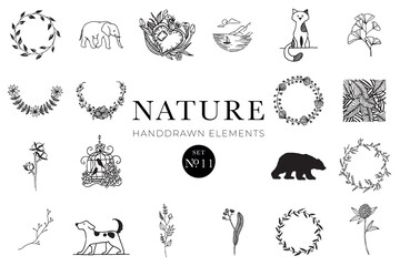 Handdrawn nature elements, Doodle illustrations, Natural drawings