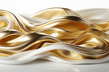 Golden abstract wavy fabric on white background. 3d render illustration