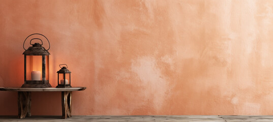 Old terracotta wall with lantern on wood table and empty space on design side