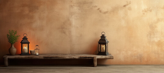 Old terracotta wall with lantern on wood table and empty space on design side