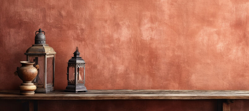 Old terracotta wall with lantern on wood table and empty space on design side