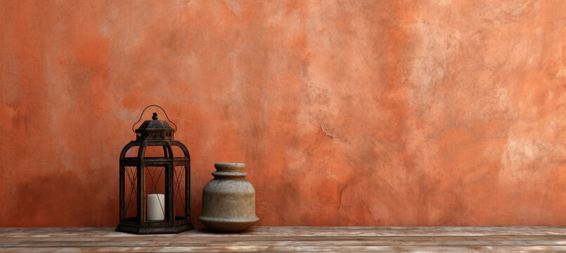 Old terracotta wall with lantern on wood table and empty space on design side