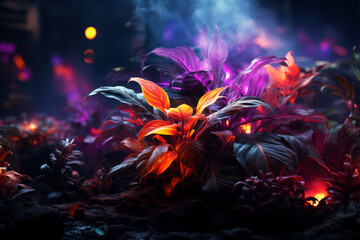 Fantasy fairy tale wallpaper with flame, smoke, purple forest, blooming flowers and plants, fabulous garden and night background, AI Generated