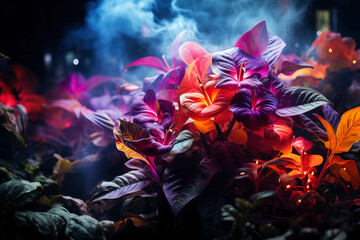 Fantasy fairy tale wallpaper with flame, smoke, purple forest, blooming flowers and plants, fabulous garden and night background, AI Generated