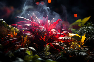 Fantasy fairy tale wallpaper with flame, smoke, forest, blooming flowers and plants, fabulous garden and night background, AI Generated