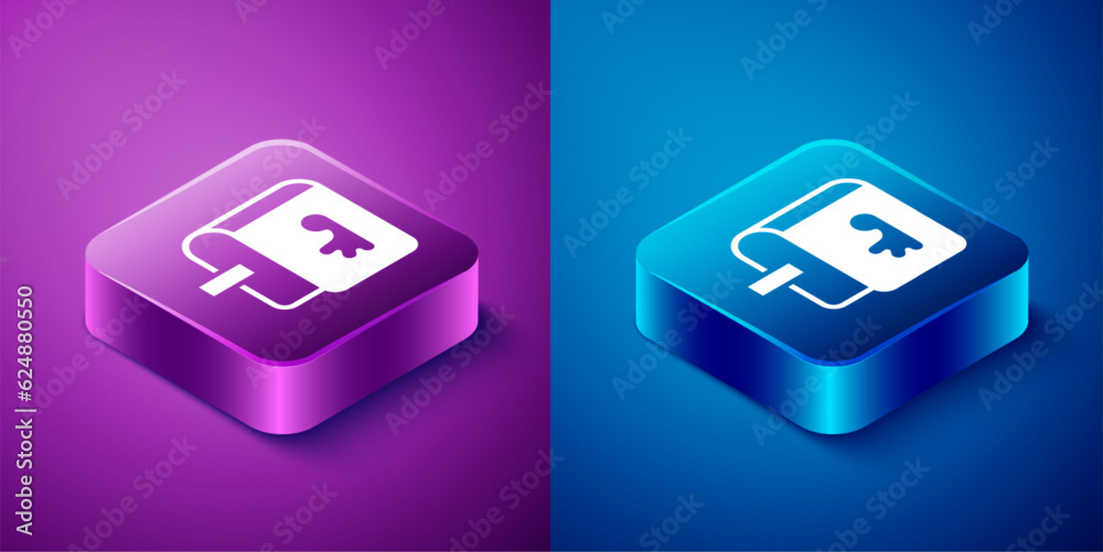 Poster isometric viking book icon isolated on blue and purple background. square button. vector