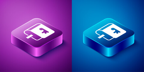 Isometric Viking book icon isolated on blue and purple background. Square button. Vector