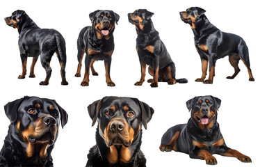 Rottweiler dog puppy, many angles and view portrait side back head shot isolated on transparent background cutout, PNG file - obrazy, fototapety, plakaty