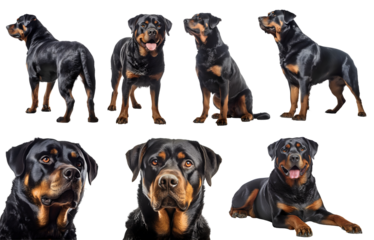 Rottweiler dog puppy, many angles and view portrait side back head shot isolated on transparent background cutout, PNG file