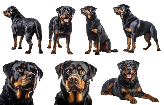 Rottweiler dog puppy, many angles and view portrait side back head shot isolated on transparent background cutout, PNG file