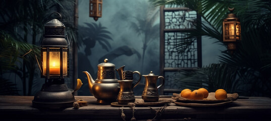 Obraz na płótnie Canvas Ramadan background for Ramadan lantern, Arabic coffee pot and cups with palm leaves in a room made of old mud and foggy lighting