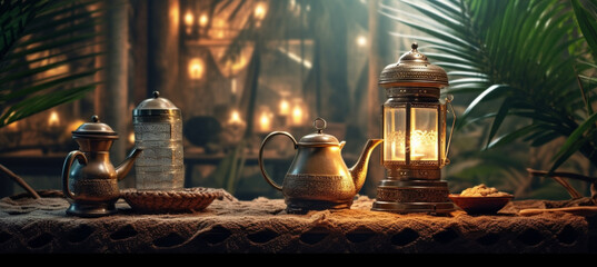 Ramadan background for Ramadan lantern, Arabic coffee pot and cups with palm leaves in a room made of old mud and foggy lighting
