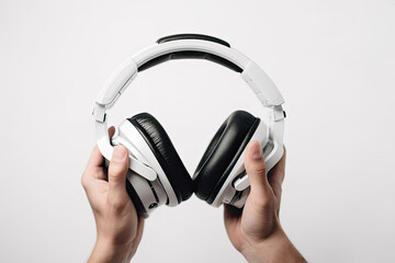 Fototapeta na wymiar White wireless studio headphones in hands on white background.