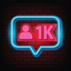 Fototapeta na wymiar Thank you 1k followers peoples for social media with 1k neon sign