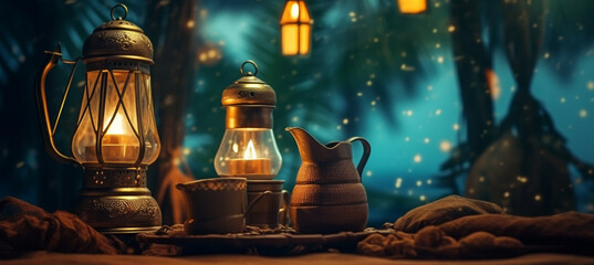 Fototapeta na wymiar Ramadan background for Ramadan lantern, Arabic coffee pot and cups with palm leaves in a room made of old mud and foggy lighting
