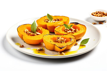 Baked small pumpkins with pecans, honey and mint on a white plate isolated on a white background.