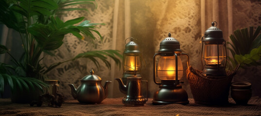 Ramadan background for Ramadan lantern, Arabic coffee pot and cups with palm leaves in a room made of old mud and foggy lighting