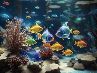 Aquarium with colorful fishes background