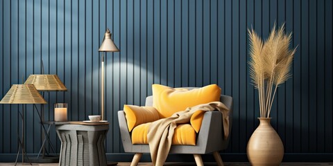 Interior of modern living room with armchair, lamp, coffee table and wooden wall. 3d render