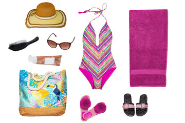 Collage set of girl beach summer clothes isolated on white. Female woman apparel collection. Women fashion clothing outfit. Colorful stylish beachwear.