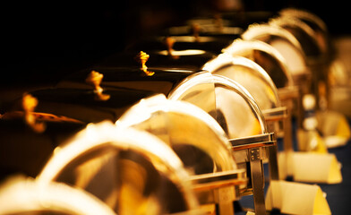 Many buffet heated trays in a row