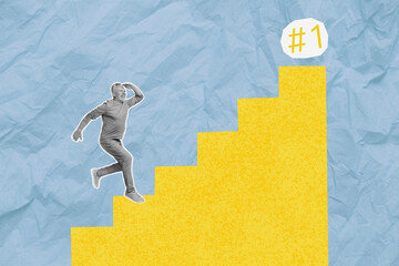 Funny middle age businessman collage illustration climbing upstairs find first place goal pedestal...