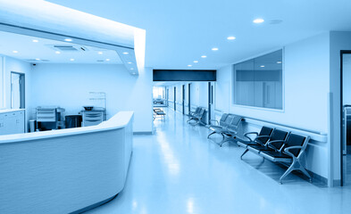 Empty nurses station and corridor in a hospital