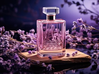 Purple perfume bottle surrounded by lavender, generative ai