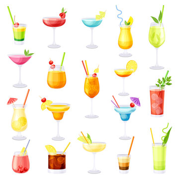 Cocktail and Alcoholic Beverages in Glass with Straw Big Vector Set