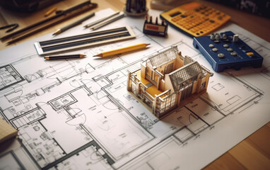 Top view of house plan blueprint paper with repair tools on table desk at architecture office