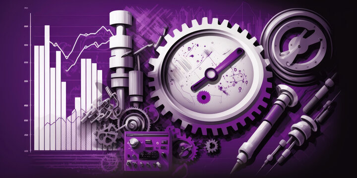 mechanical tools with stock market charts and graphs against a purple and white background