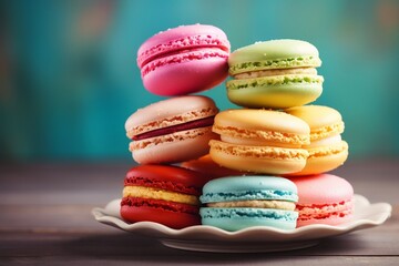 Fototapeta na wymiar Delightful and Vibrant French Macarons on Retro Vintage Background. Generative AI