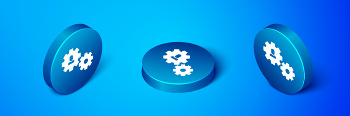 Isometric Human with gear icon isolated on blue background. Artificial intelligence. Thinking brain sign. Symbol work of brain. Blue circle button. Vector