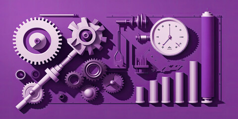 mechanical tools with stock market charts and graphs against a purple and white background