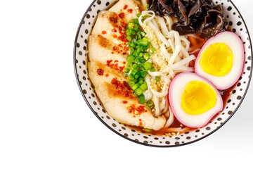 miso ramen with chicken and egg marinated in beetroot juice on white background for online delivery menu 4