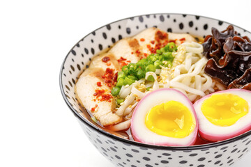 miso ramen with chicken and egg marinated in beetroot juice on white background for online delivery menu 3