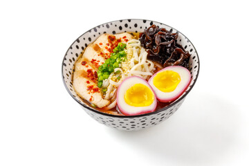 miso ramen with chicken and egg marinated in beetroot juice on white background for online delivery menu 1