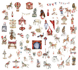 Watercolor circus set of elements in vintage style. Perfect for wedding, invitations, blogs,card templates, birthday and baby cards, patterns, quotes. isolater on white background.Cute circus animals.