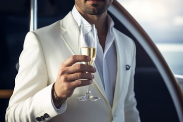 Young rich prosperous confident businessman stylish fashionable man guy male in white trendy suite holding glass of champagne on luxury yacht vacation dating luxurious traveling wealth lifestyle