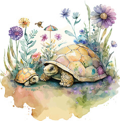 Mom And Baby Turtle watercolor clipart