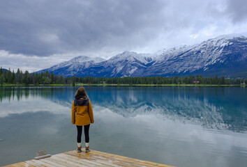 Woman on Lake Edith, Jasper National Park, Canada