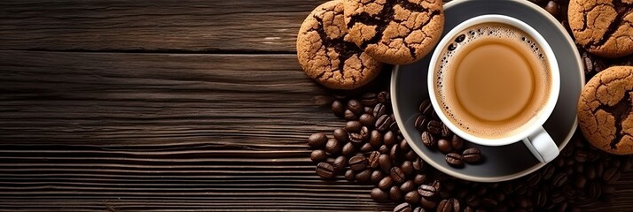 Top view. Close up of hot chocolate in cup, coffee beans and freshly baked cookies on brown wooden table for breakfast