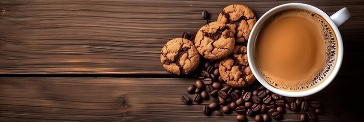 Top view. Close up of hot chocolate in cup, coffee beans and freshly baked cookies on brown wooden...