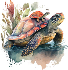 Mom And Baby Turtle watercolor clipart