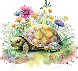 turtle in the garden watercolor clipart