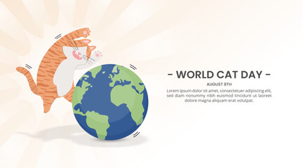 World cat day background with a cat jumping and playing with an earth ball