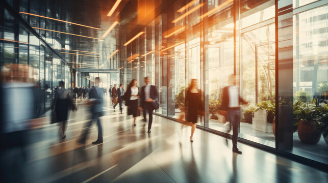 Businesspeople Walking At Modern Office. Group Of Business Employees At Coworking Center. Motion Blur. Concept Work Process.