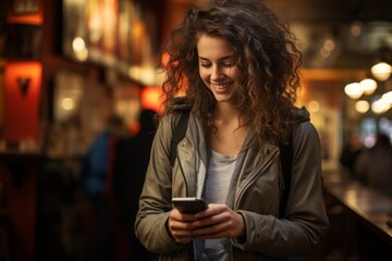 Happy cheerful young girl woman female lady user in city outdoors college student looking to phone smiling scrolling mobile app social media browsing smartphone navigation application evening street