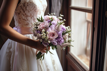 Mujer con vestido de novia de encaje y bouquet de rosas y flores malvas, blancas y rosas.  ilustracion de ia generativa - obrazy, fototapety, plakaty