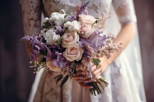 Mujer con vestido de novia de encaje y bouquet de rosas y flores malvas, blancas y rosas.  ilustracion de ia generativa